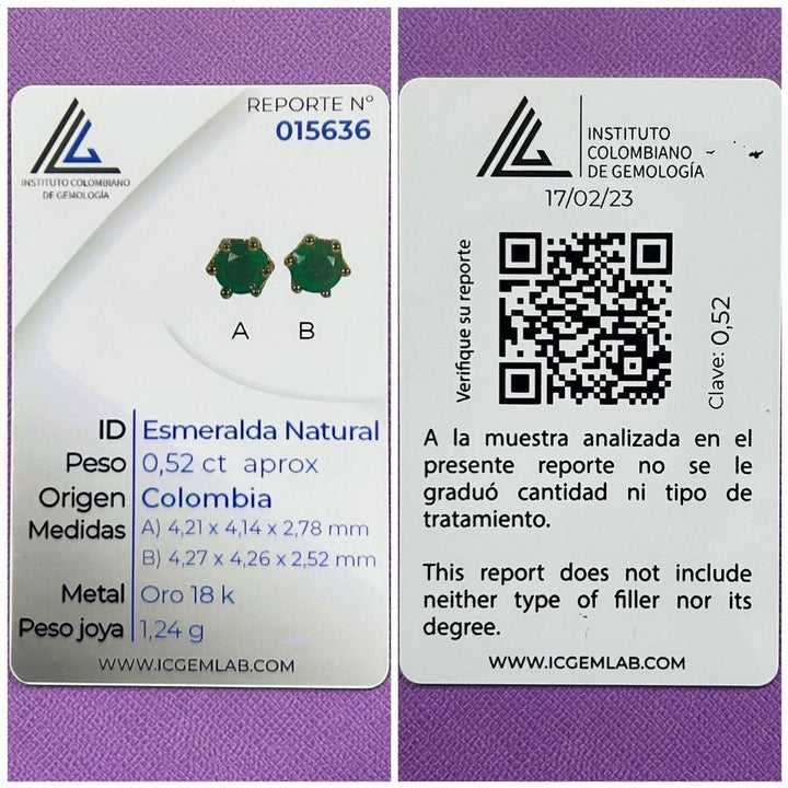 0.52 Carat Naturally Mined Untreated Colombian Emerald EARINGS in 18K Gold ICG - JDColFashion