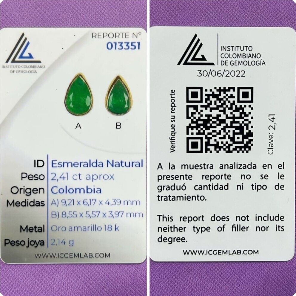 2.41 Carat Naturally Mined Untreated Colombian Emerald Earrings 18k GOLD ICG CER - JDColFashion
