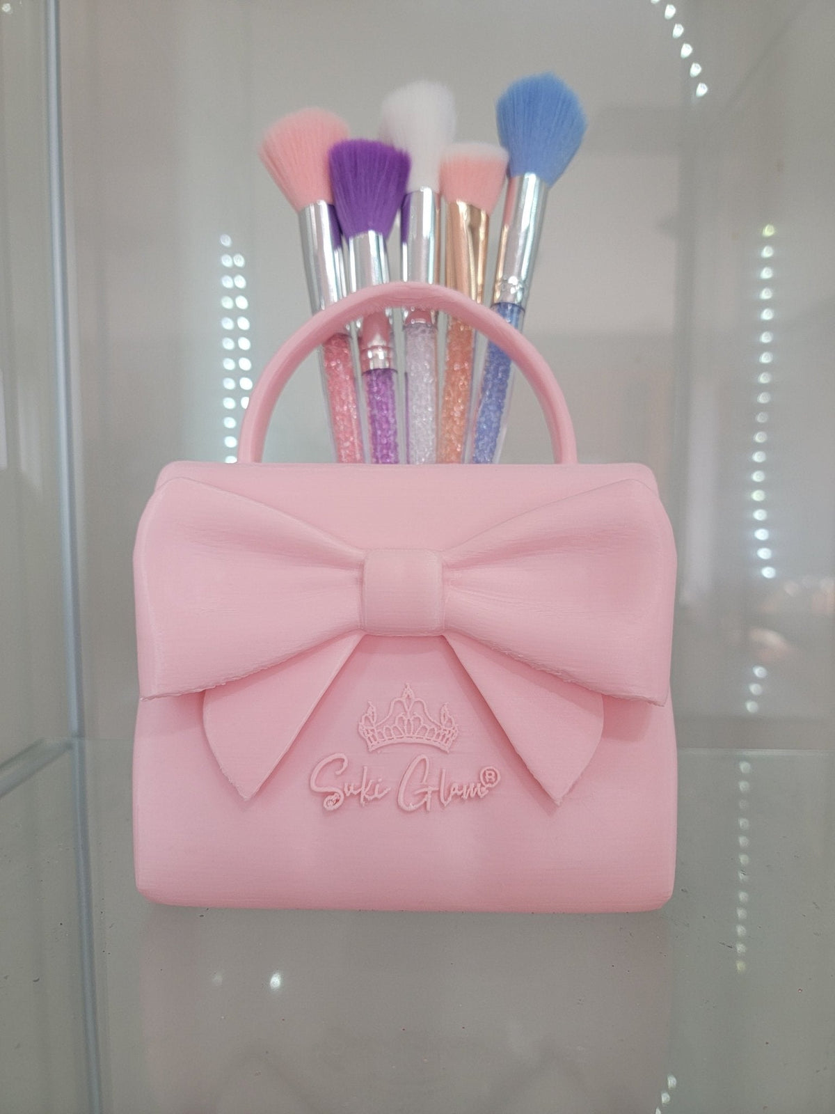 Pretty in Pink Bow Handbag Brush Holder - Glamorous Vanity Organizer