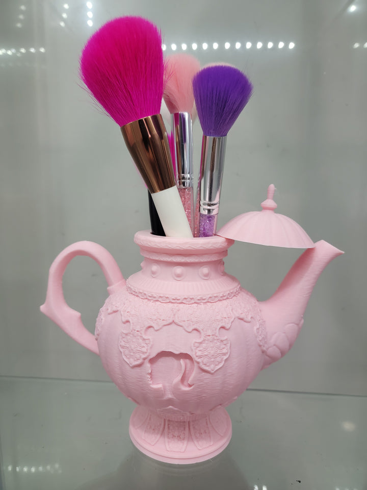 Vintage-Inspired Pink Teapot Brush Holder – 3D Printed Glamorous Makeup Organizer