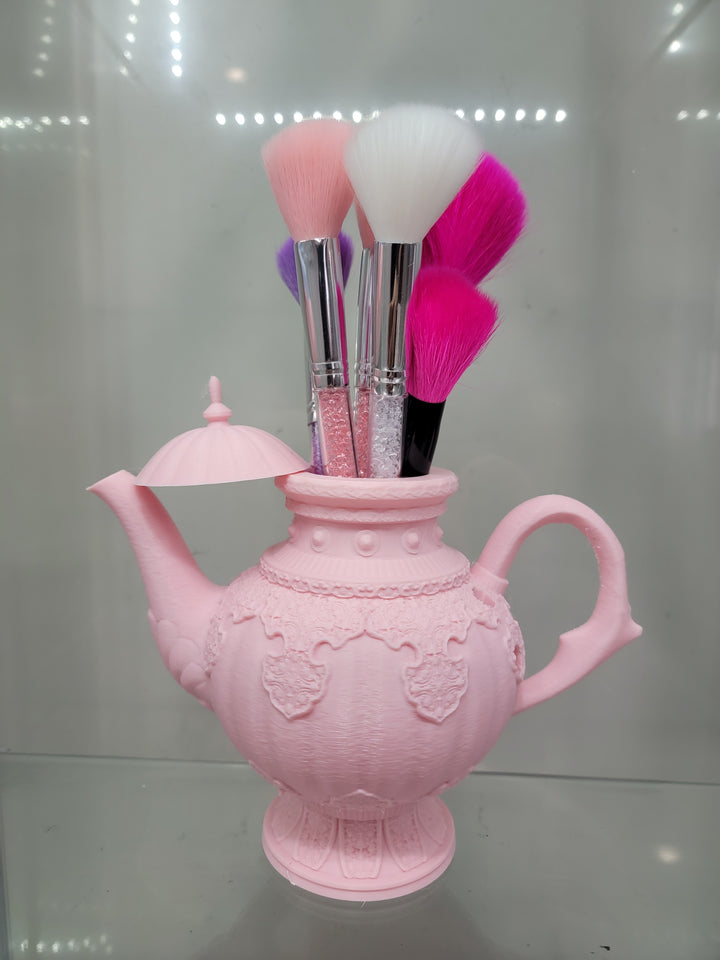 Vintage-Inspired Pink Teapot Brush Holder – 3D Printed Glamorous Makeup Organizer