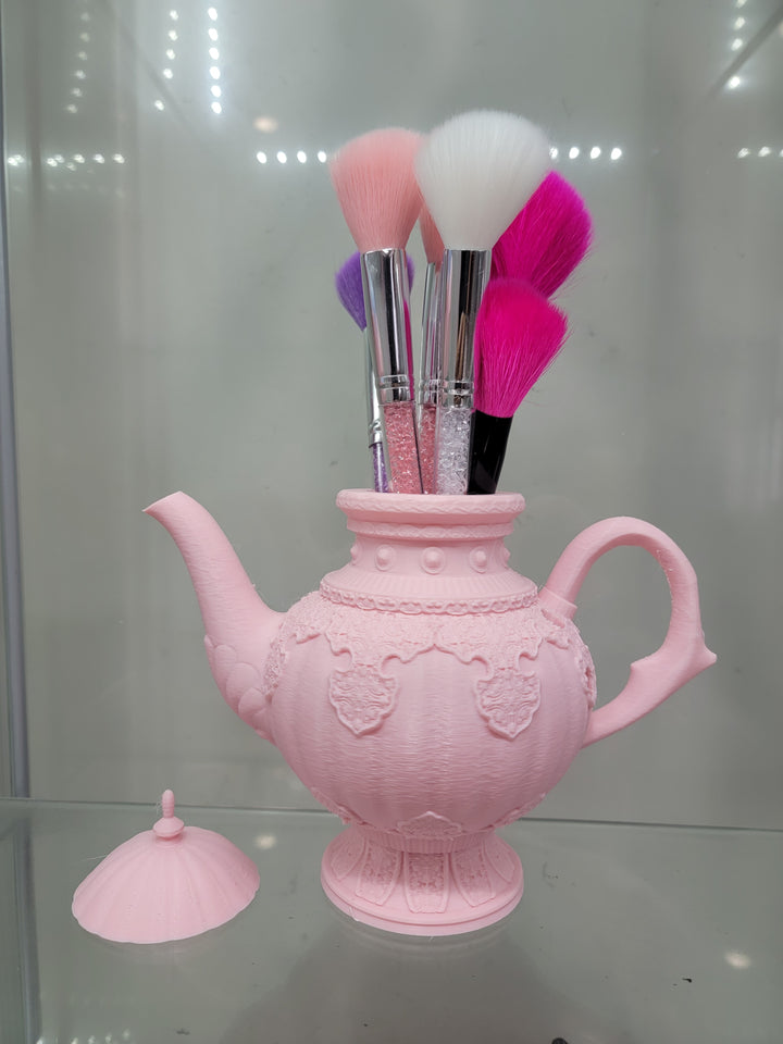 Vintage-Inspired Pink Teapot Brush Holder – 3D Printed Glamorous Makeup Organizer