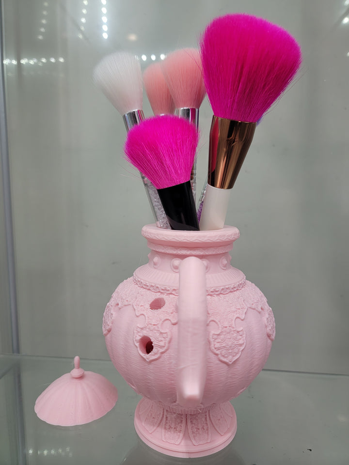 Vintage-Inspired Pink Teapot Brush Holder – 3D Printed Glamorous Makeup Organizer