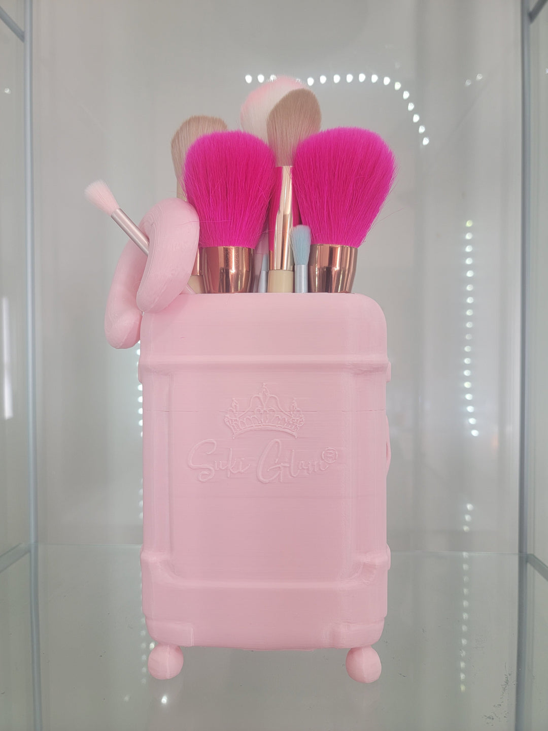 Pink Luggage Vanity & Home Decor Makeup Organizer and Brush Holder