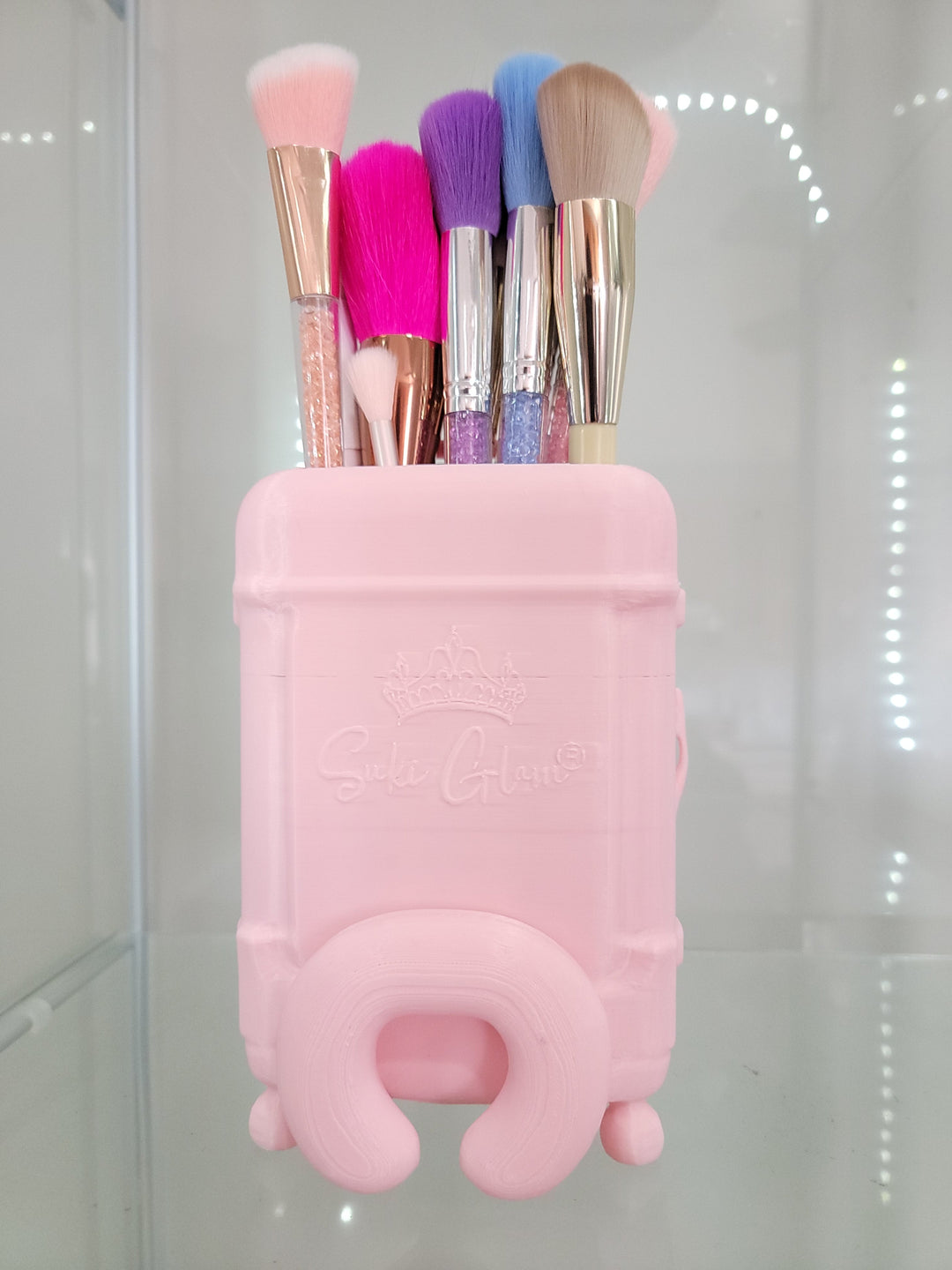 Pink Luggage Vanity & Home Decor Makeup Organizer and Brush Holder