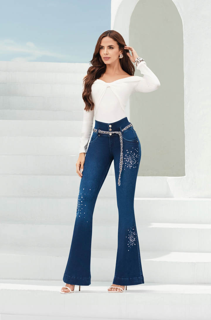 Martiniv 100% Authentic Colombian Push-Up Flare Jeans with Silver Chain Belt