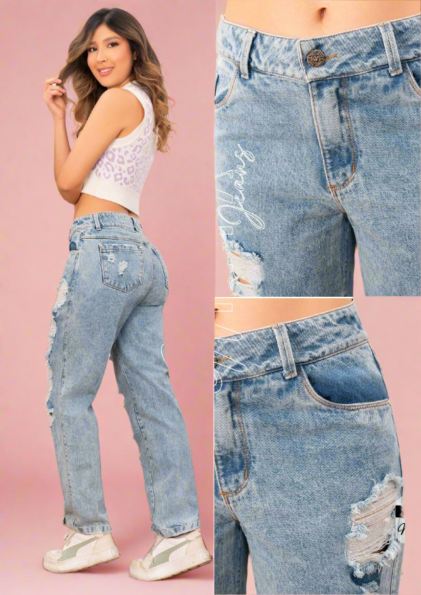 W-323 100%  Authentic Colombian Jeans (Wide Leg, Mid Rise, Tummy Control Boyfriend Jeans)