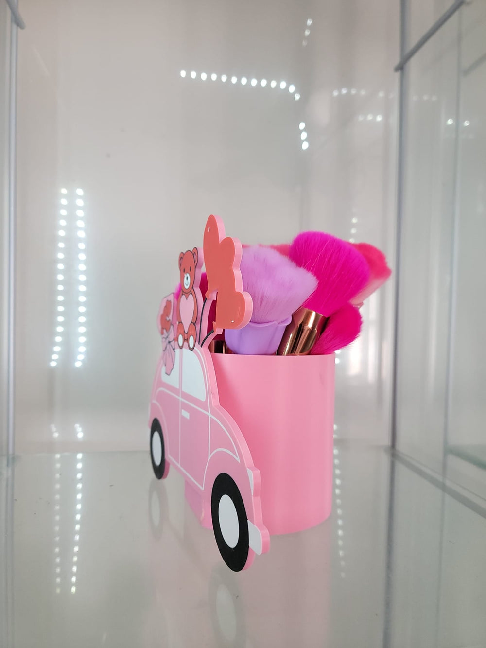 Pink Car Makeup Brush Holder – Adorable Teddy Bear & Heart Design - JDColFashion