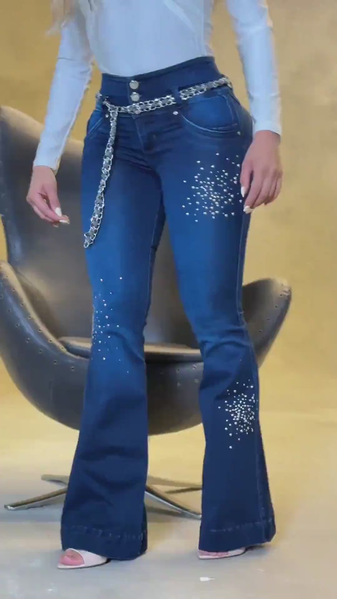 Martini 100% Authentic Colombian Push-Up Flare Jeans with Silver Chain Belt