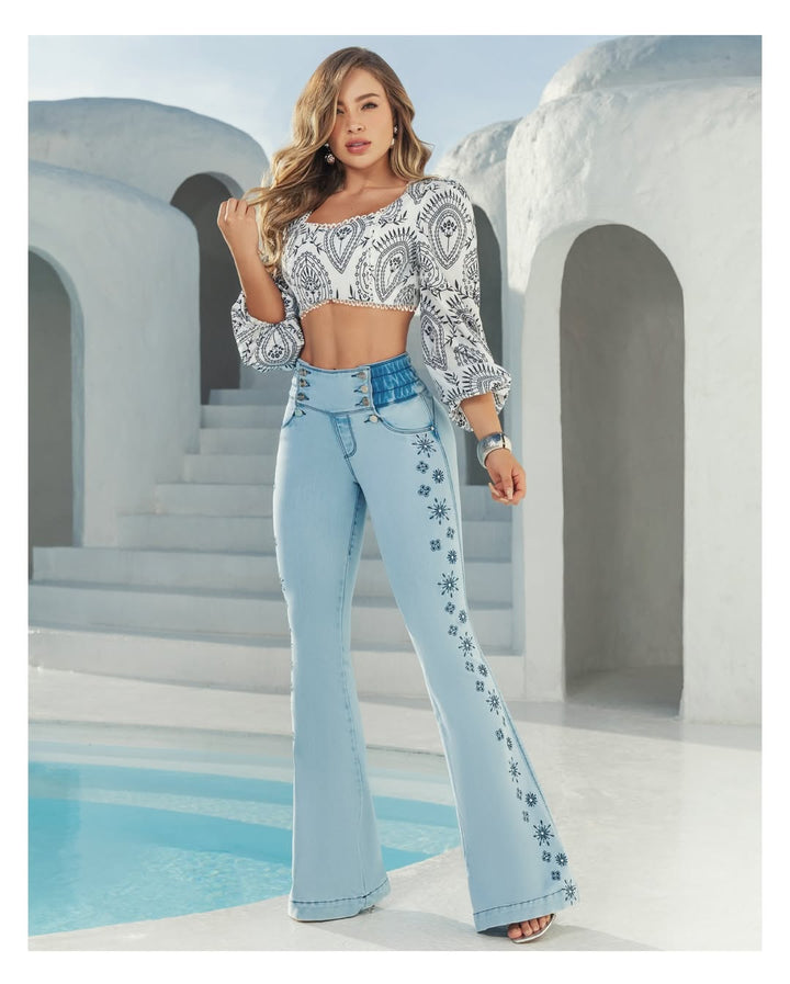 Baccon 100% Authentic Colombian Push-Up Flare Jeans with Floral Side Embroidery