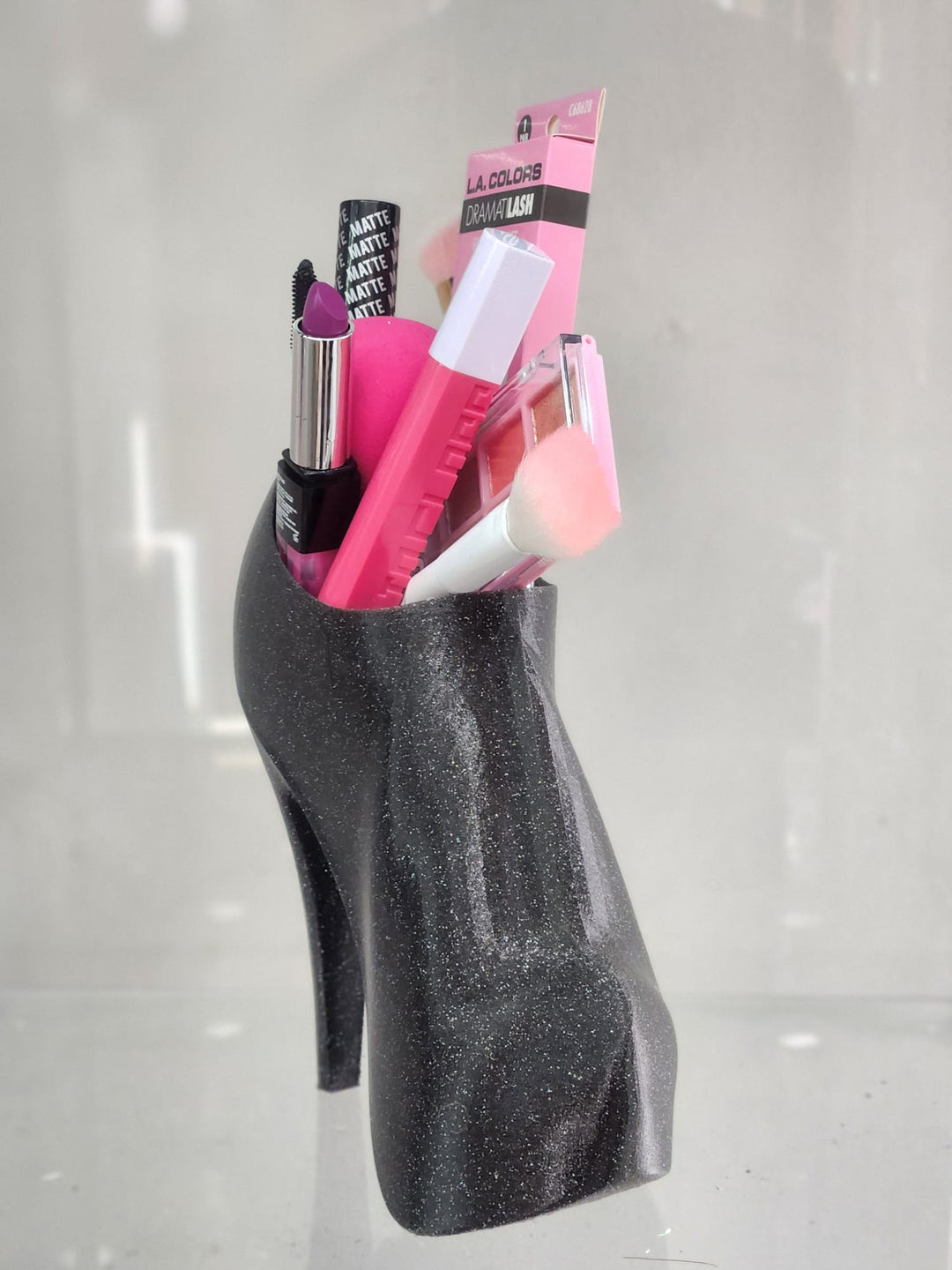 High Heel black Glitter makeup holder - JDColFashion